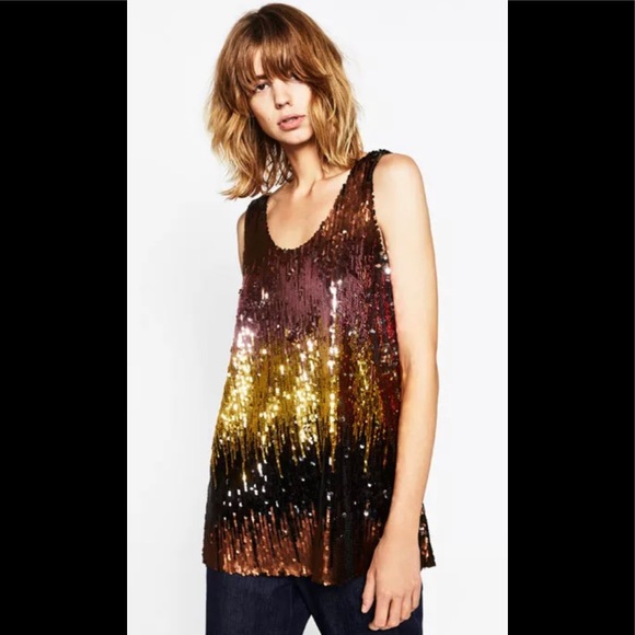 NEW ZARA PINK & GOLD SEQUIN SLEEVELESS TOP- SMALL - Picture 3 of 11